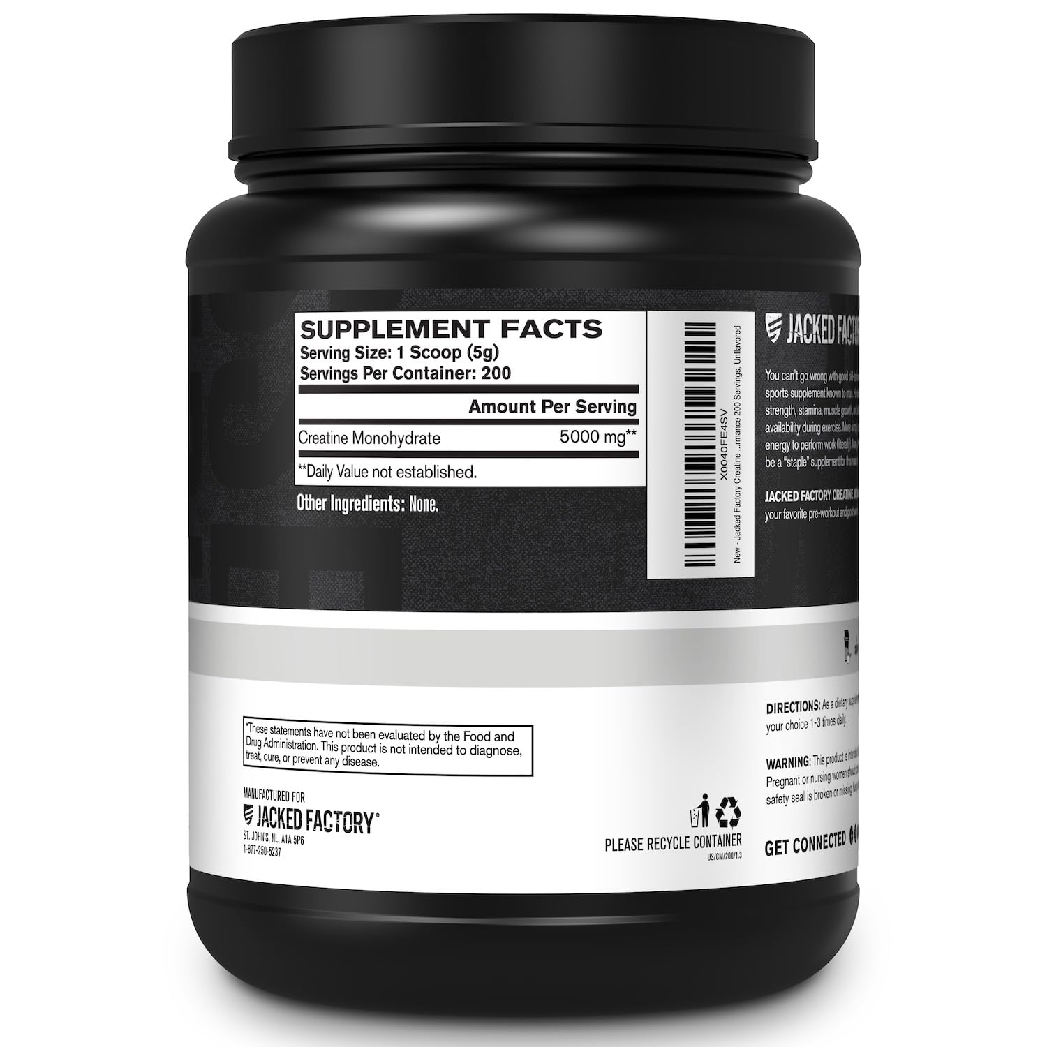 Jacked Factory Creatine Monohydrate Powder 1000g - 200 Servings, Unflavored, Vegan, Third-Party Tested