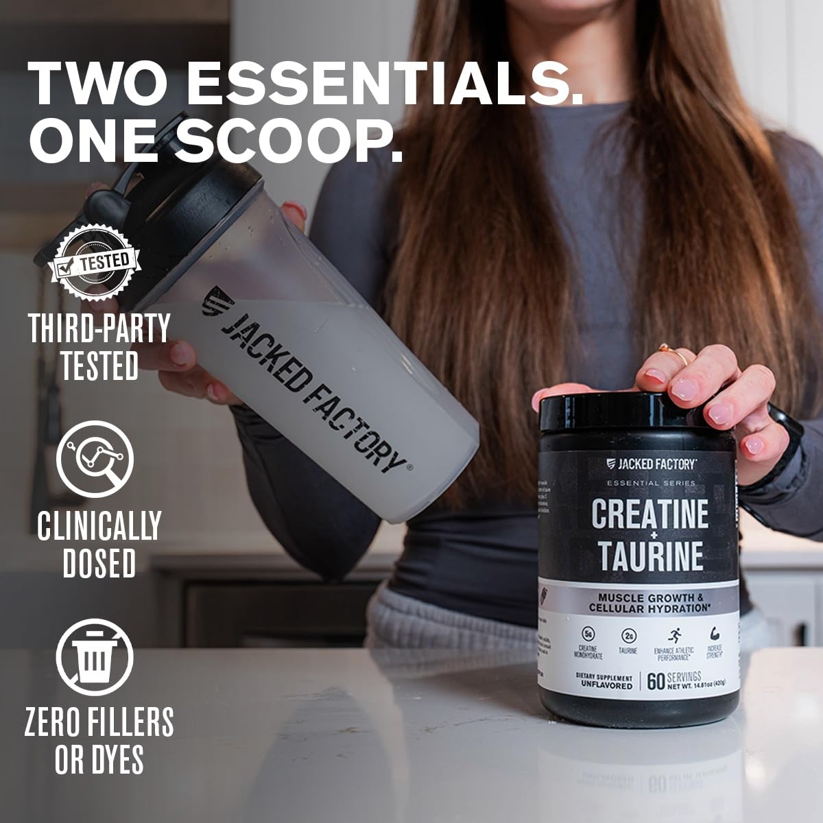 Jacked Factory Creatine + Taurine - Creatine Monohydrate 5000mg with Taurine 2000mg for Increased Muscle Strength & Cellular Hydration - 60 Servings, Unflavored