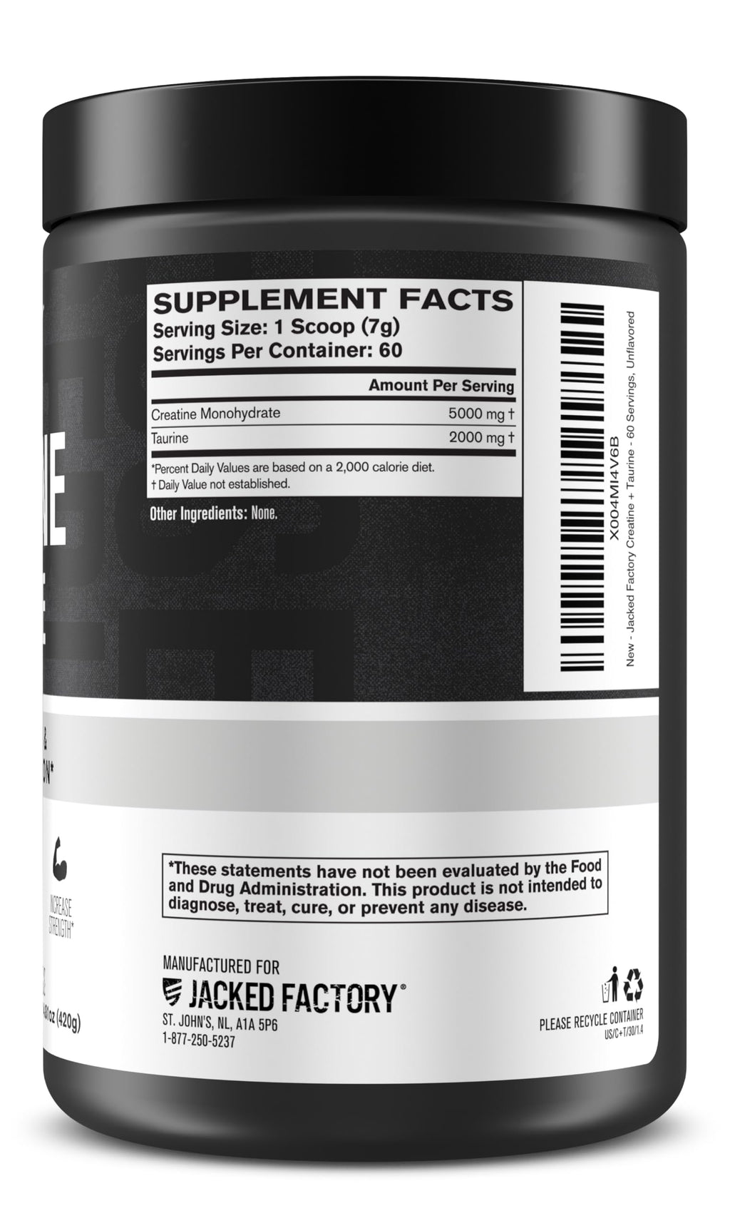 Jacked Factory Creatine + Taurine - Creatine Monohydrate 5000mg with Taurine 2000mg for Increased Muscle Strength & Cellular Hydration - 60 Servings, Unflavored