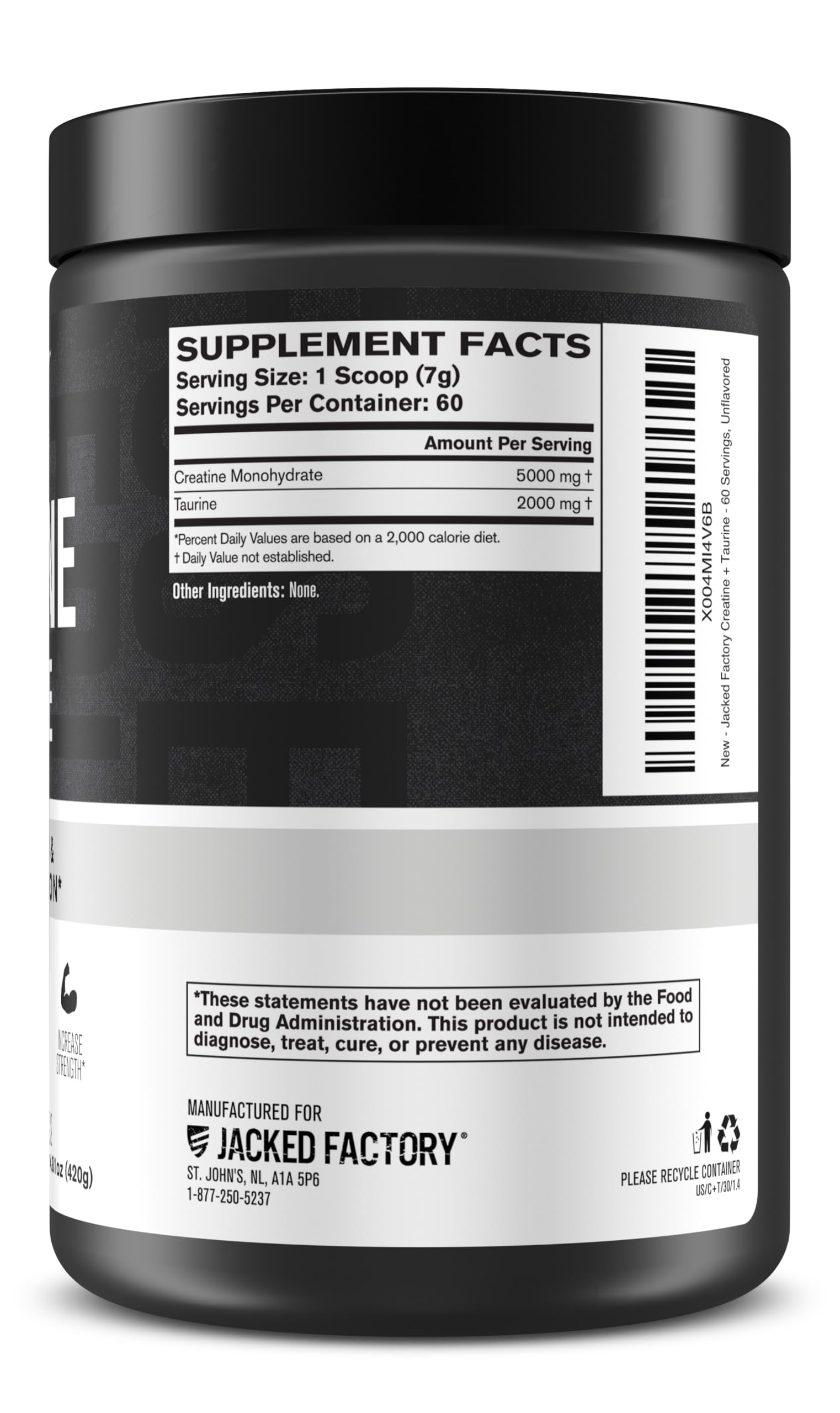 Jacked Factory Creatine + Taurine - Creatine Monohydrate 5000mg with Taurine 2000mg for Increased Muscle Strength & Cellular Hydration - 60 Servings, Unflavored