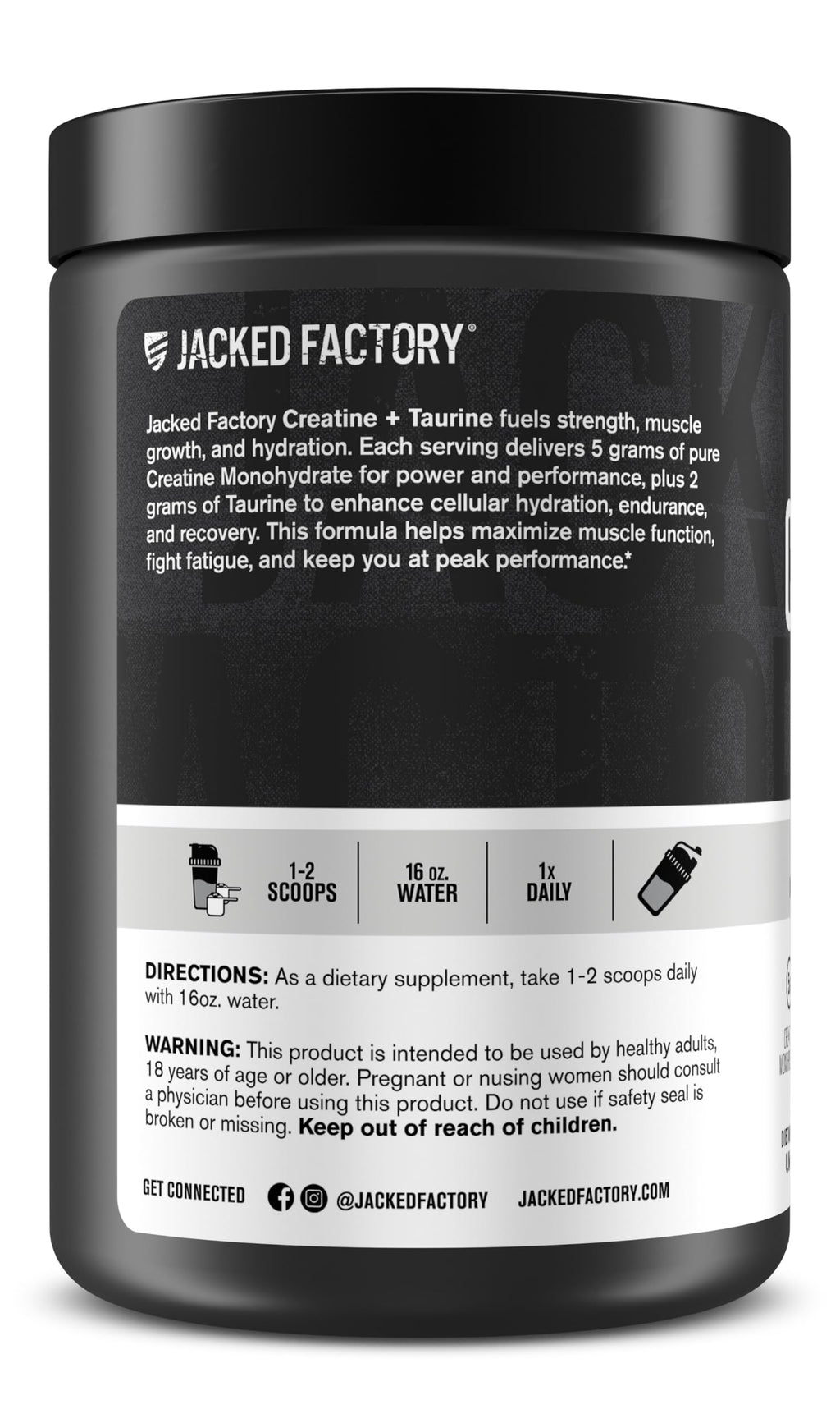 Jacked Factory Creatine + Taurine - Creatine Monohydrate 5000mg with Taurine 2000mg for Increased Muscle Strength & Cellular Hydration - 60 Servings, Unflavored