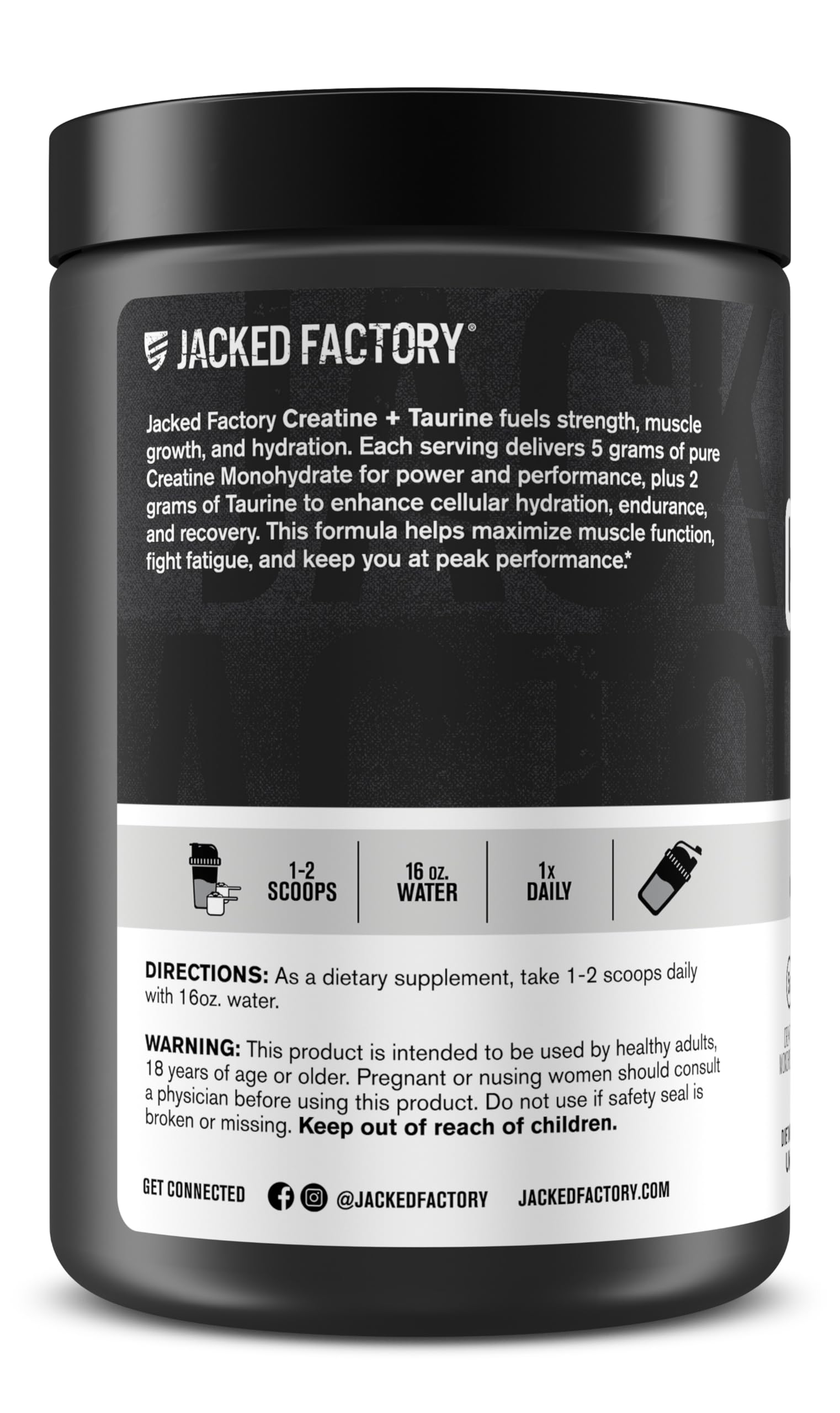 Jacked Factory Creatine + Taurine - Creatine Monohydrate 5000mg with Taurine 2000mg for Increased Muscle Strength & Cellular Hydration - 60 Servings, Unflavored