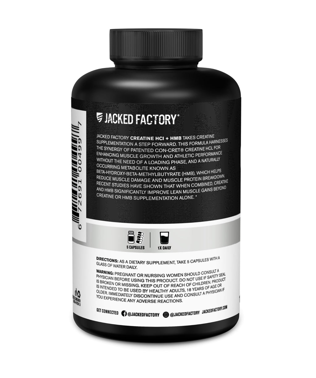 Jacked Factory Creatine HCL + HMB Capsules - Synergistic CON-CRET, myHMB, & Vitamin D Formula for Growth, Strength, & Reduced Muscle Breakdown - 150 Capsules