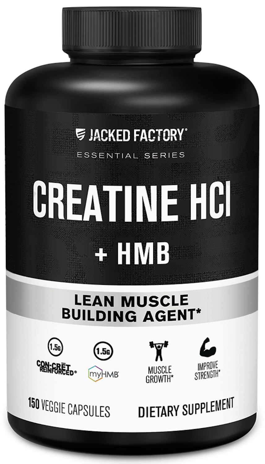 Jacked Factory Creatine HCL + HMB Capsules - Synergistic CON-CRET, myHMB, & Vitamin D Formula for Growth, Strength, & Reduced Muscle Breakdown - 150 Capsules