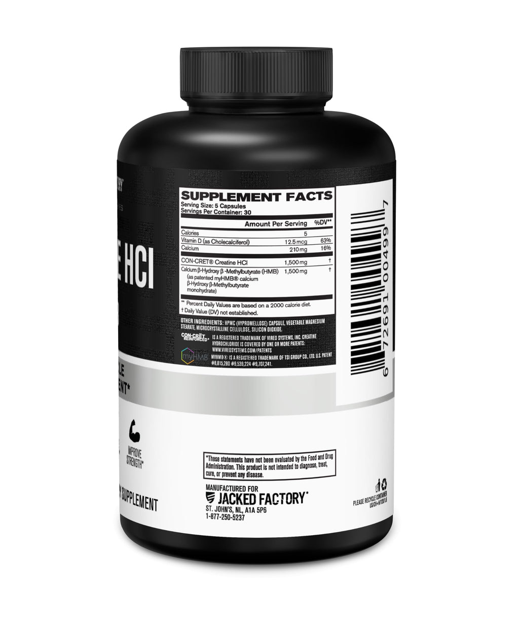 Jacked Factory Creatine HCL + HMB Capsules - Synergistic CON-CRET, myHMB, & Vitamin D Formula for Growth, Strength, & Reduced Muscle Breakdown - 150 Capsules