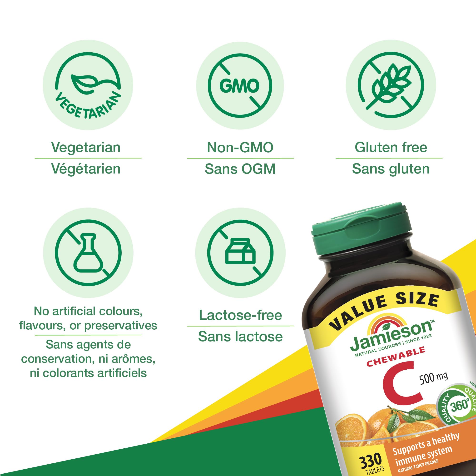 Jamieson Vitamin-C 500mg Chewables, 330 Count – Tangy Orange (Canada Imported)