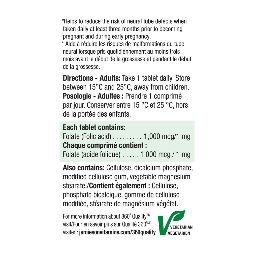 Jamieson Folic Acid 1 mg - 100 Tablets | Prenatal & Preconception Support | Non-GMO