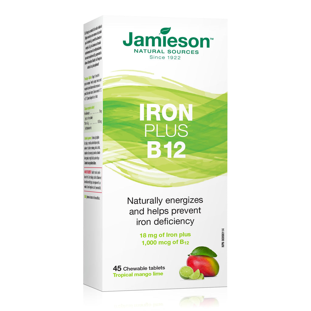 Jamieson Iron + Vitamin B12, 45 Chewable Tabs | Mango Lime Flavor | Gluten-Free