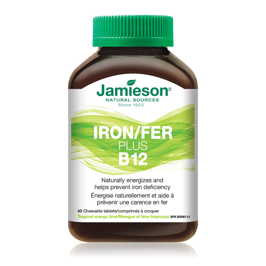 Jamieson Iron + Vitamin B12, 45 Chewable Tabs | Mango Lime Flavor | Gluten-Free