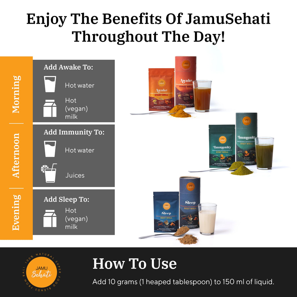 JAMUSEHATI Variety Pack – Bali Natural Superfoods (Awake, Immunity, Sleep) – 3 Sachets