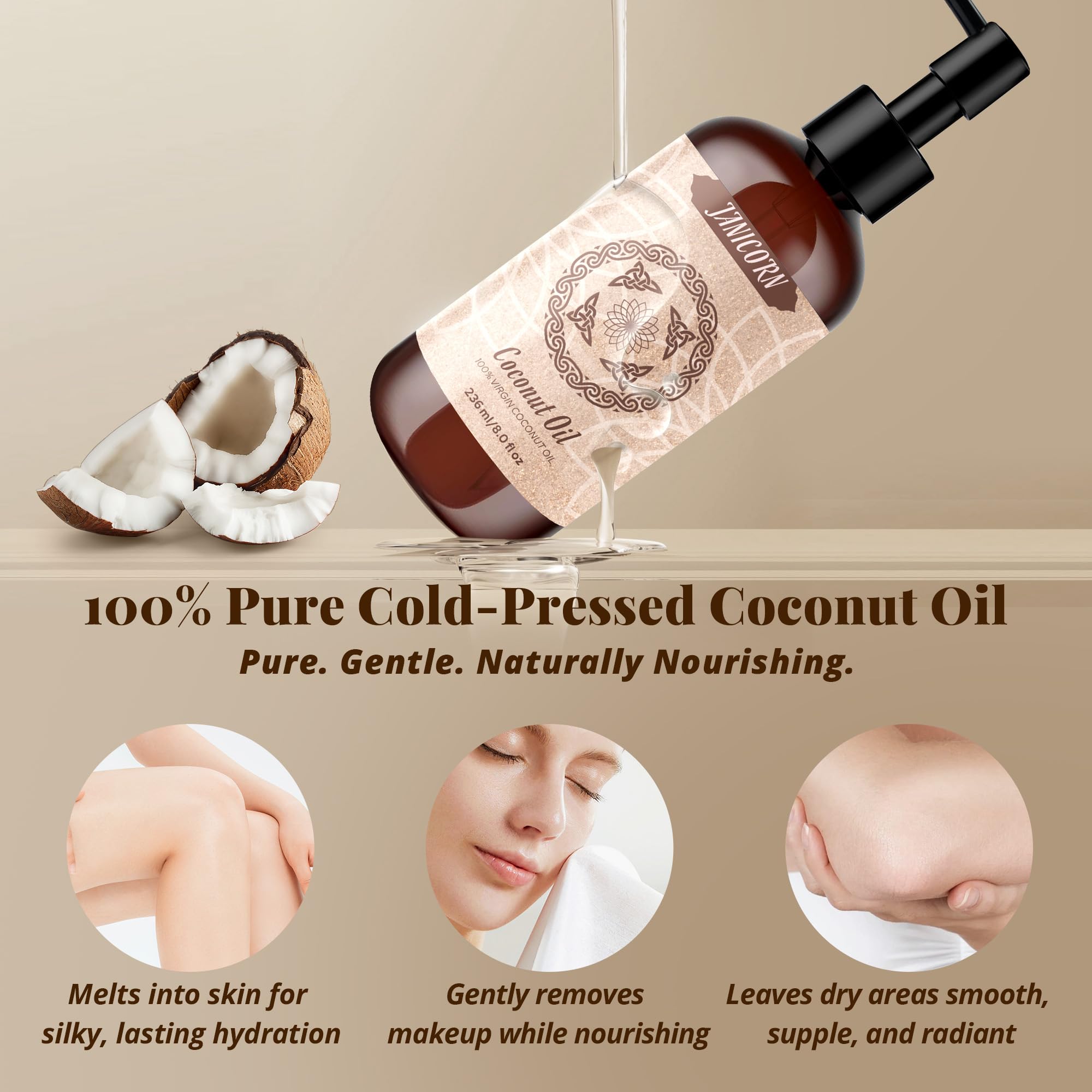 JANICORN 100% Pure Coconut Oil – Cold-Pressed & Unscented Carrier Oil (236 ml)