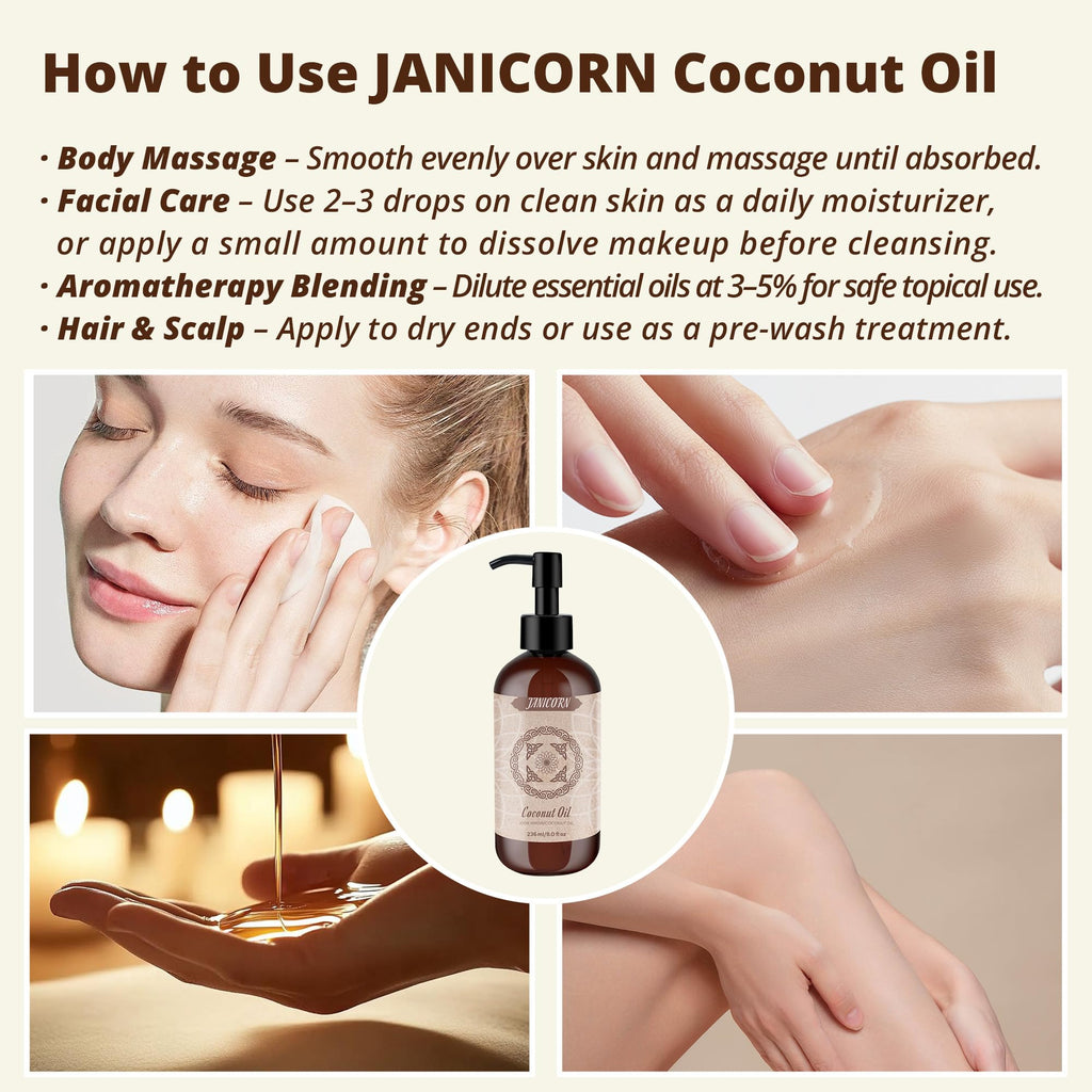 JANICORN 100% Pure Coconut Oil – Cold-Pressed & Unscented Carrier Oil (236 ml)