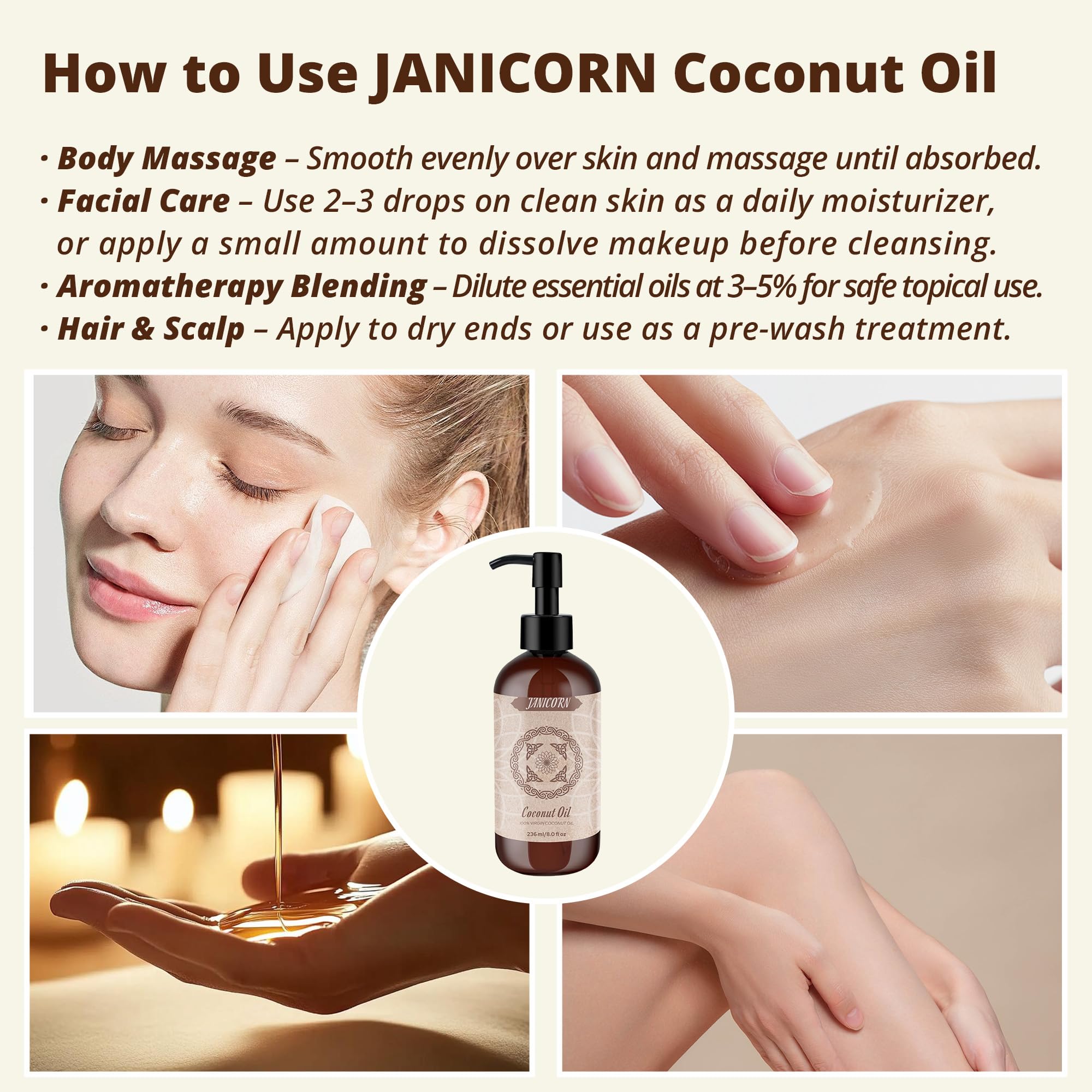JANICORN 100% Pure Coconut Oil – Cold-Pressed & Unscented Carrier Oil (236 ml)