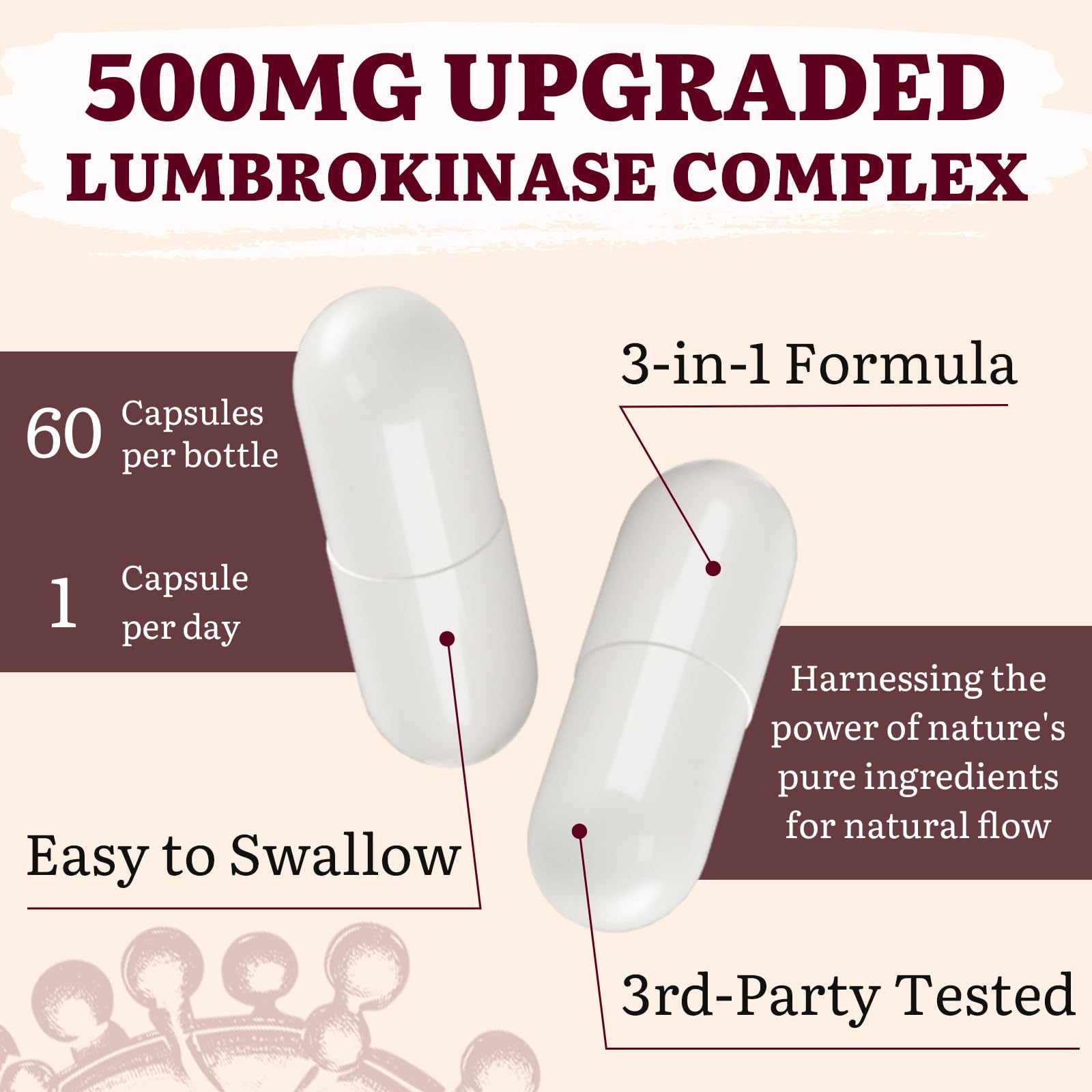 Yasumako Lumbrokinase 100mg + Nattokinase 100mg + Red Yeast Rice 300mg — 600 Capsules (Pack of 10)