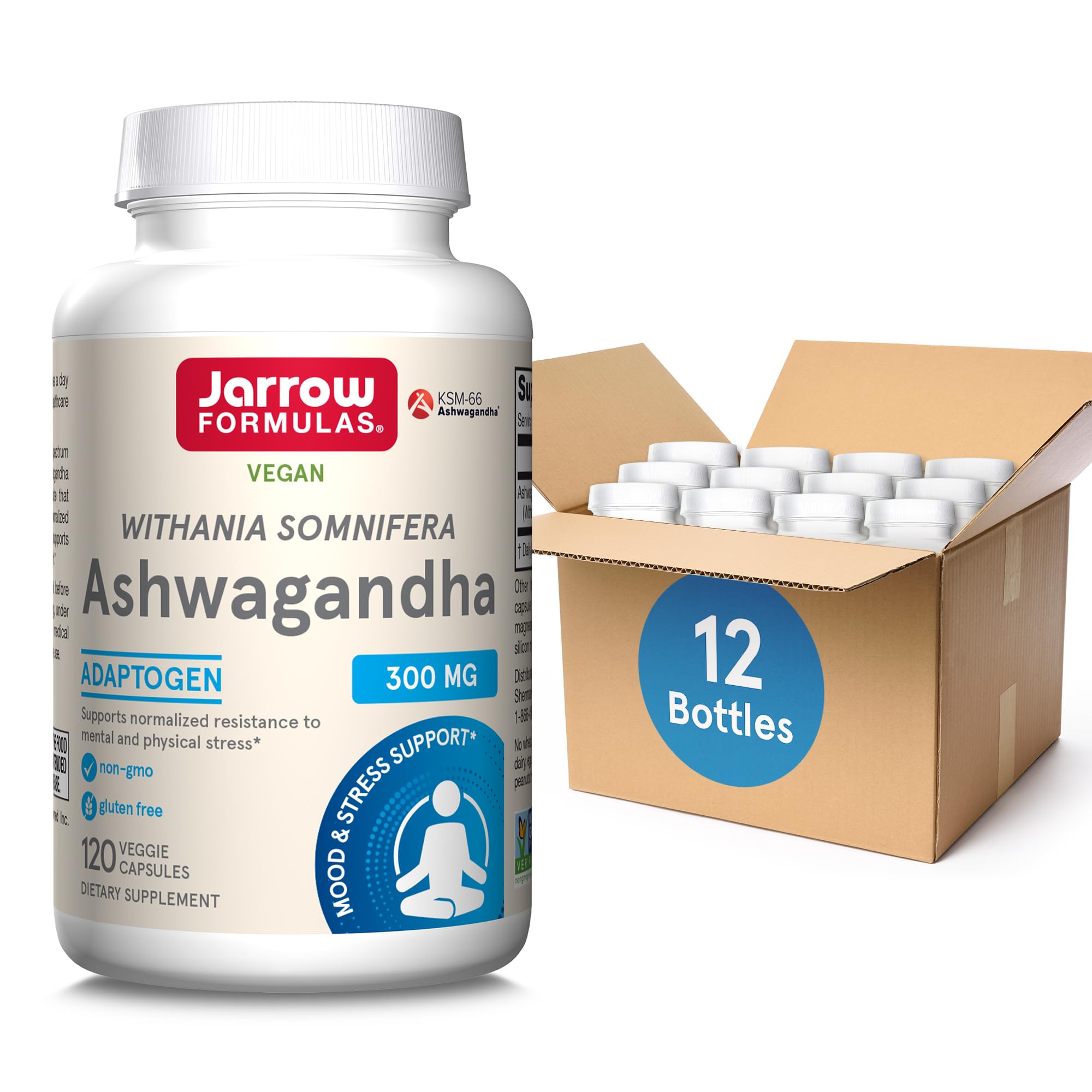 Jarrow Formulas Ashwagandha 300 mg – 120 Veggie Capsules | Supports Endurance, Recovery & Cognitive Health | 60 Servings (Pack of 12)