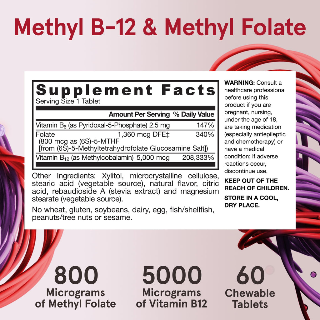 Jarrow Formulas Ultra Strength Methyl B-12 5000 mcg & Methyl Folate 800 mcg + P-5-P – 60 Chewables (60-Day Supply)