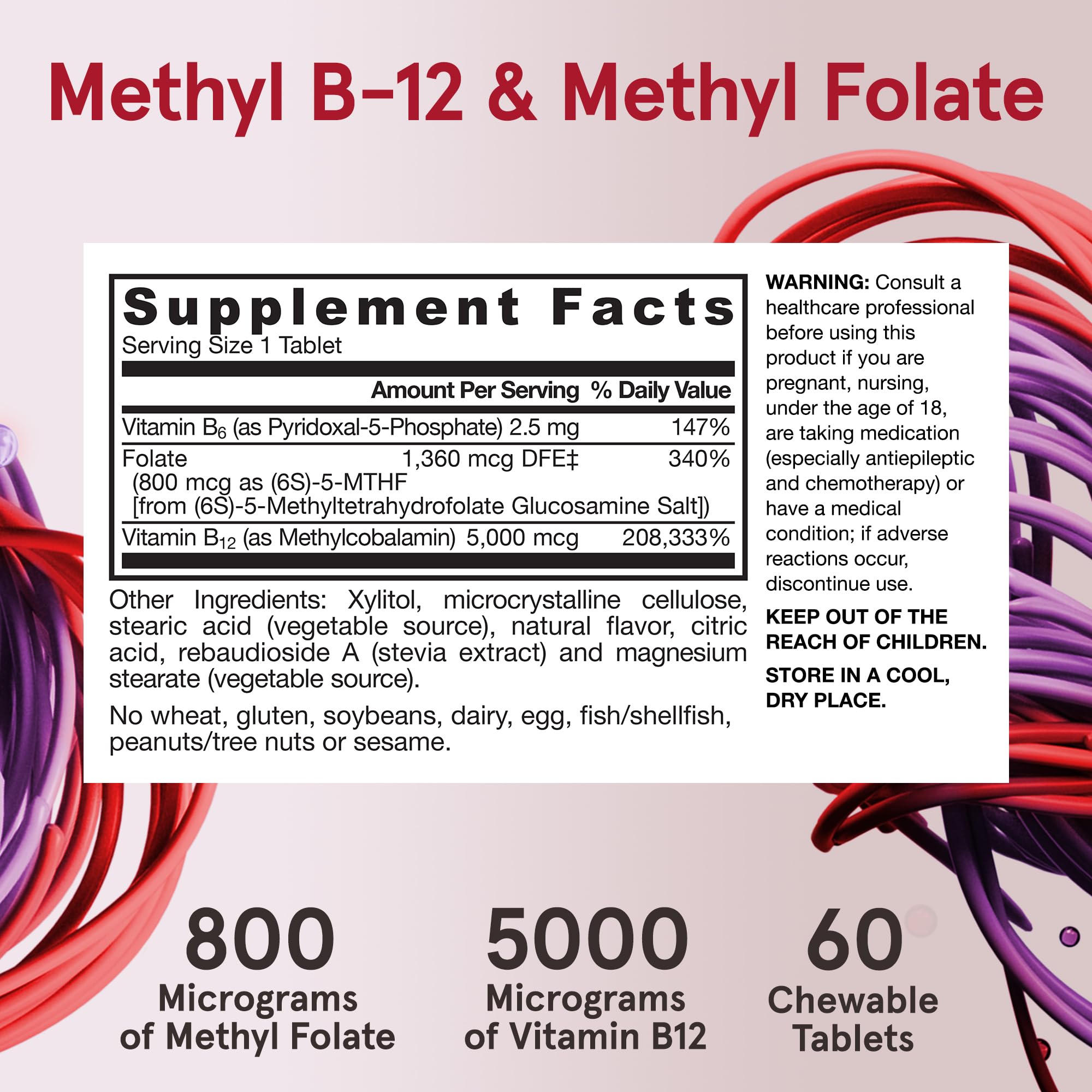 Jarrow Formulas Ultra Strength Methyl B-12 5000 mcg & Methyl Folate 800 mcg + P-5-P – 60 Chewables (60-Day Supply)