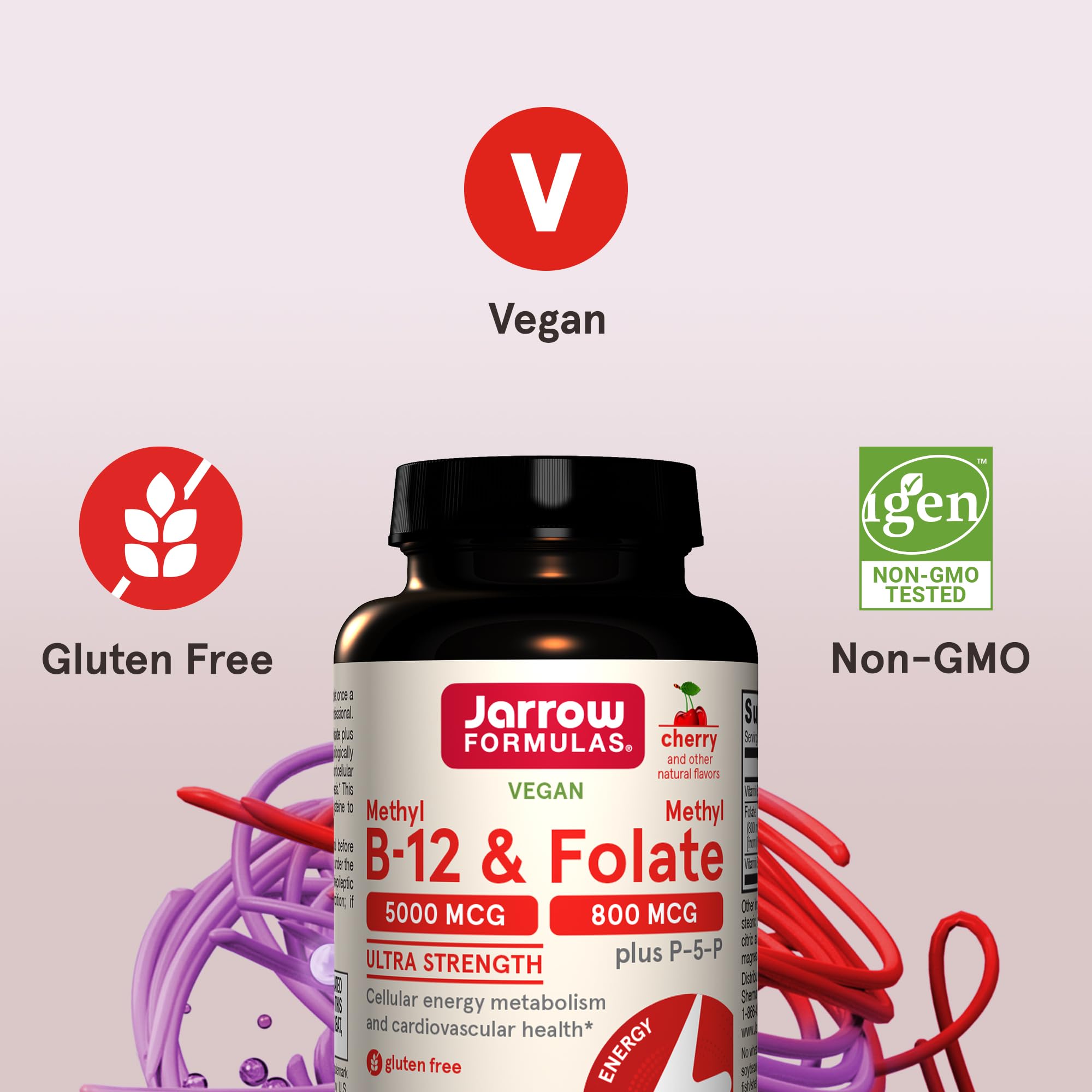 Jarrow Formulas Ultra Strength Methyl B-12 5000 mcg & Methyl Folate 800 mcg + P-5-P – 60 Chewables (60-Day Supply)