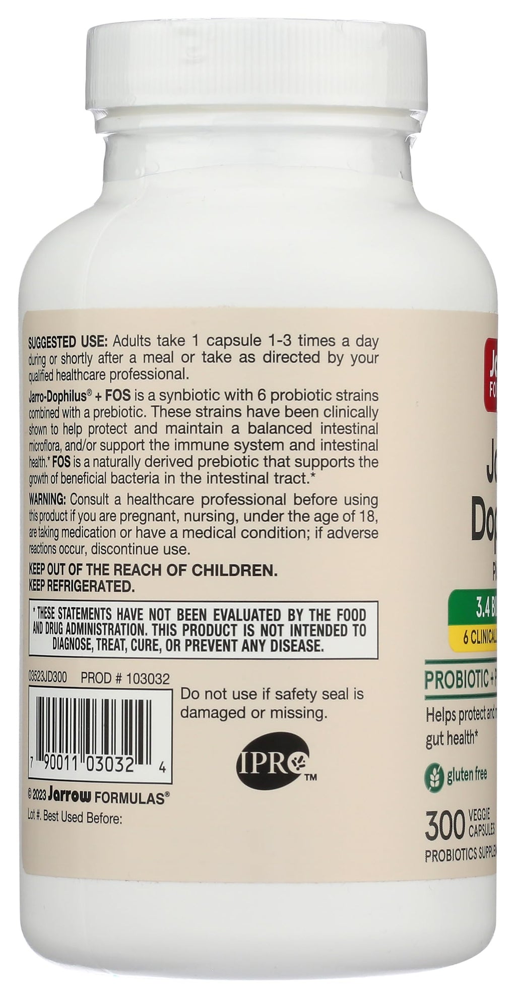 JARROW FORMULAS Jarro-Dophilus + FOS, 300 CT – Probiotic Supplement