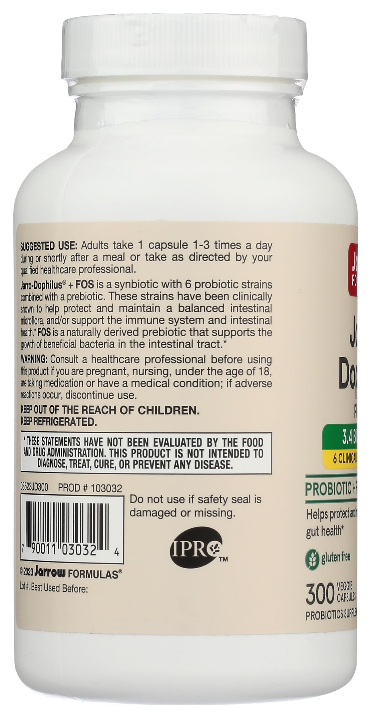 JARROW FORMULAS Jarro-Dophilus + FOS, 300 CT – Probiotic Supplement