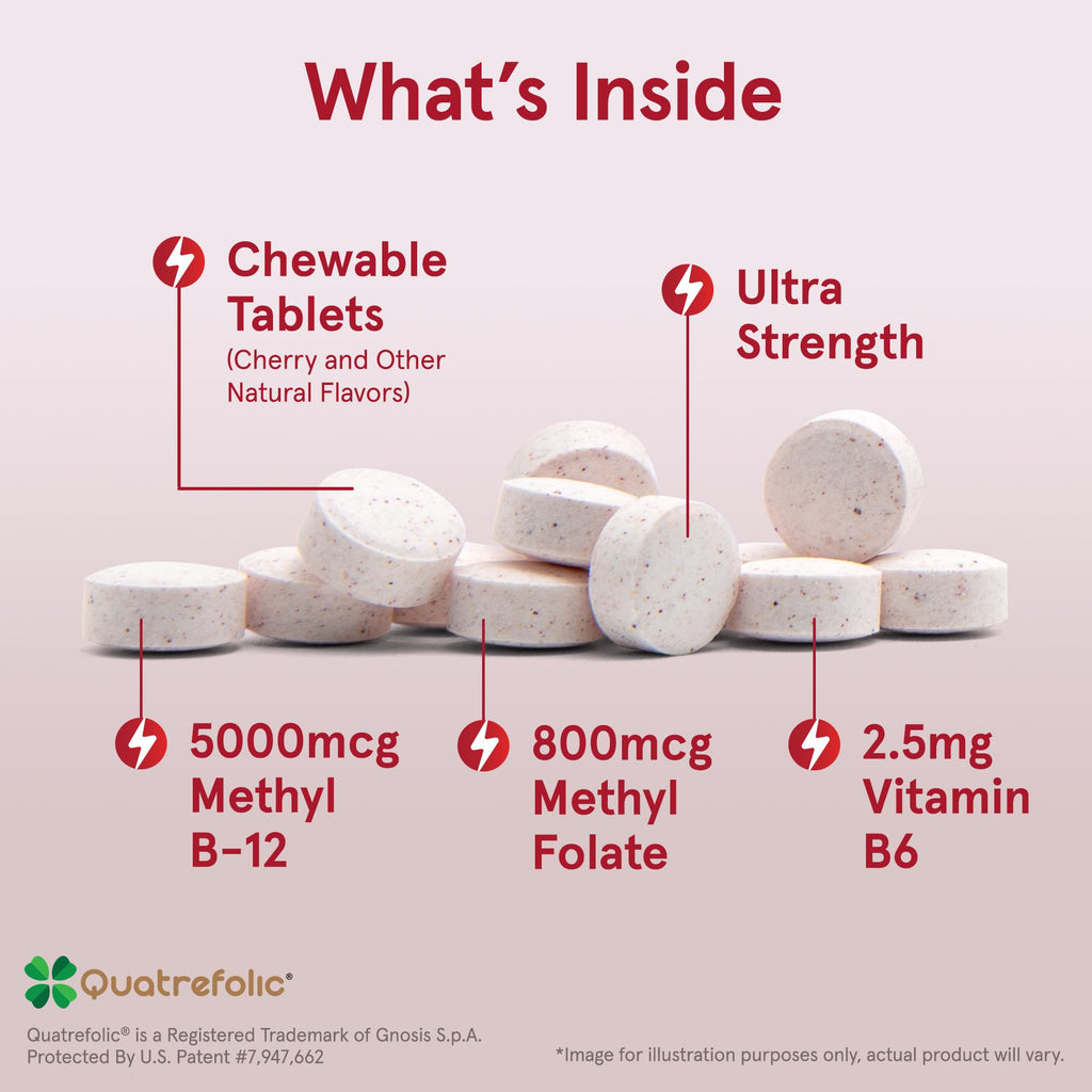 Jarrow Formulas Ultra Strength Methyl B-12 5000 mcg & Methyl Folate 800 mcg + P-5-P – 60 Chewables (60-Day Supply)