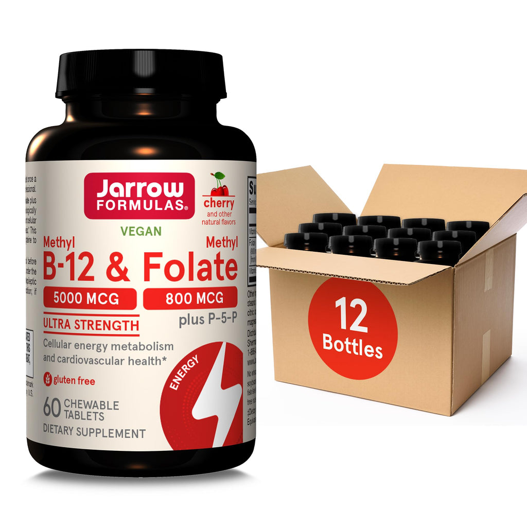 Jarrow Formulas Ultra Strength Methyl B-12 5000 mcg & Methyl Folate 800 mcg + P-5-P – 60 Chewables (60-Day Supply)