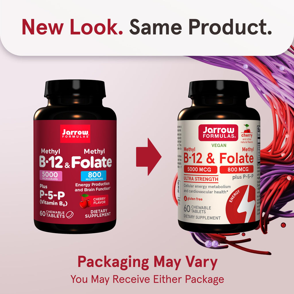 Jarrow Formulas Ultra Strength Methyl B-12 5000 mcg & Methyl Folate 800 mcg + P-5-P – 60 Chewables (60-Day Supply)