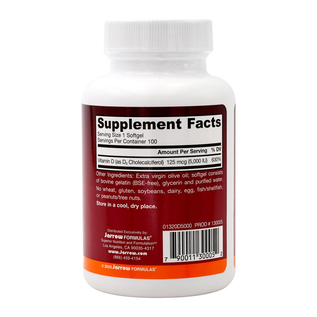 Jarrow Formulas Vitamin D3 5000 IU – 100 Softgels, Pack of 2 | Immune & Bone Support