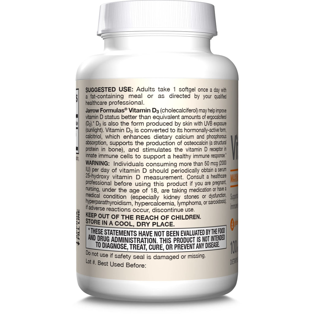 Jarrow Formulas Vitamin D3 5000 IU (125 mcg) – 100 Servings Softgels | Immune & Bone Support | Gluten Free