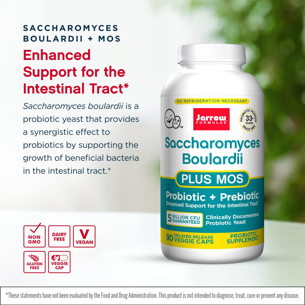 Jarrow Formulas Saccharomyces Boulardii + MOS – 5 Billion CFU per Serving, 90 Delayed-Release Veggie Caps, 2-Pack Probiotic + Prebiotic