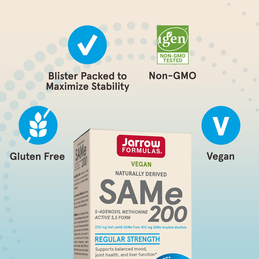 Jarrow SAMe 200 mg – 60 Tablets | Highest Active S,S Form, Joint Health, Mood & Liver Support