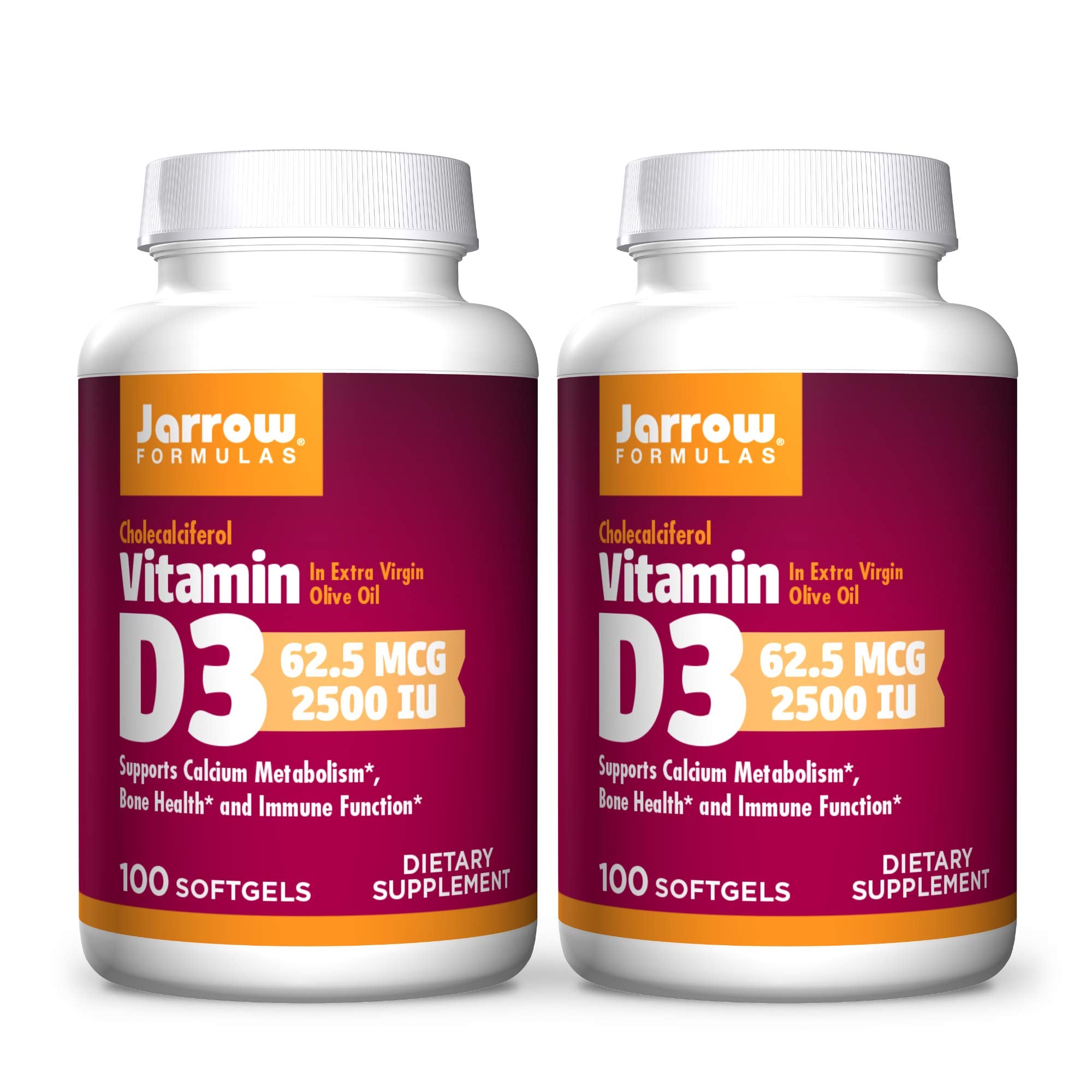 Jarrow Formulas Vitamin D3 2500 IU – 100 Softgels, Pack of 2 | Bone Health, Immune Support & Calcium Metabolism