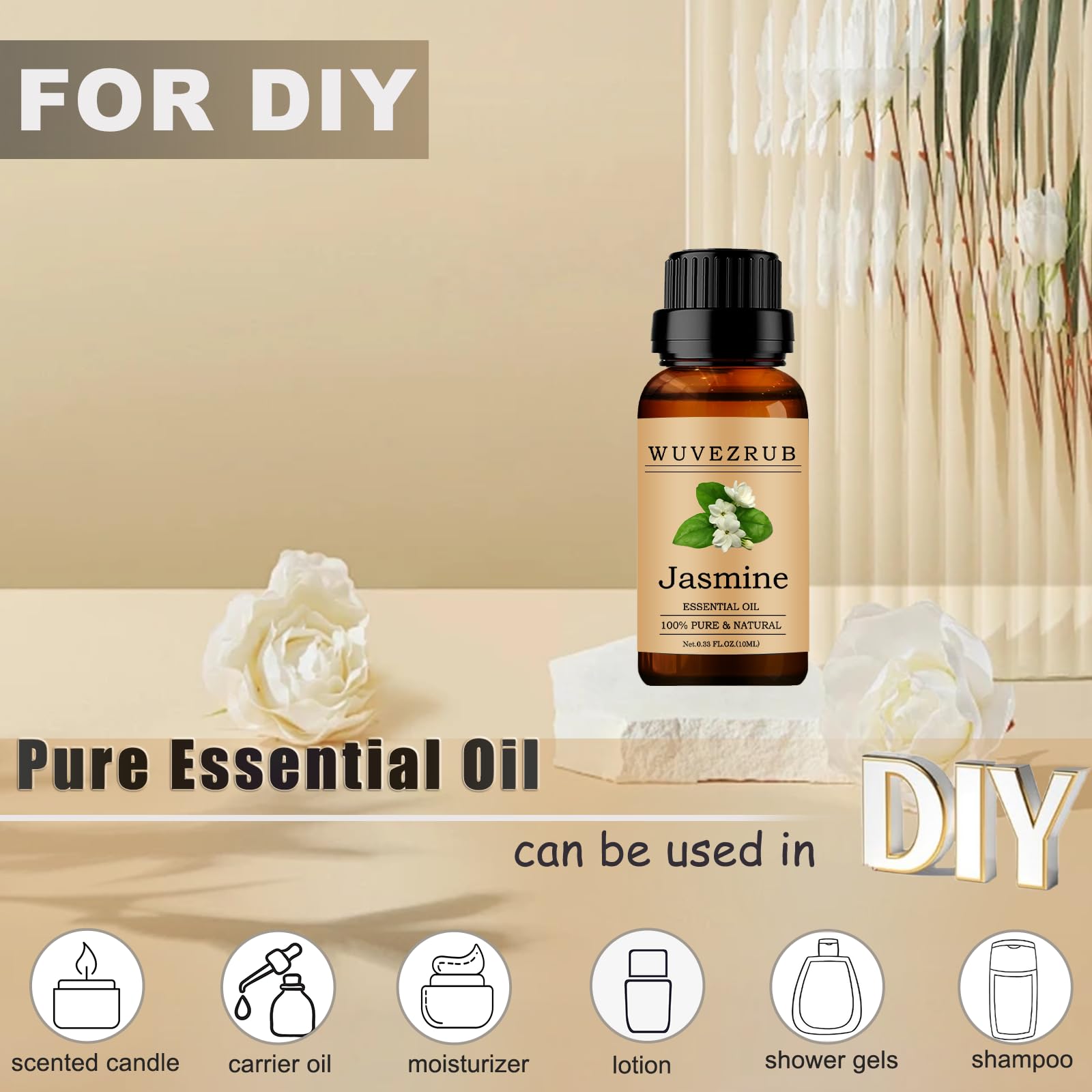 Jasmine Essential Oil 10ml – Organic 100% Pure & Natural for Aromatherapy Diffuser (0.33 fl oz)