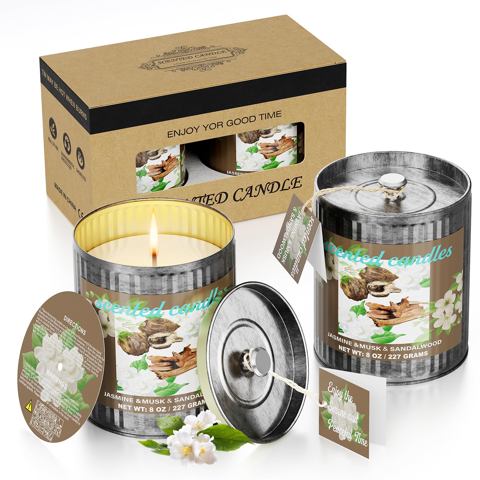 Jasmine&Musk&Sandalwood Scented Candle Set | 2Pack 16oz 80H Burn Time,8% Essential Oils | Smoke-Free Pure Soy Wax | Aromatherapy for Relaxing,Yoga Meditation Spa,Gift Set for Men/Women/Father's Day