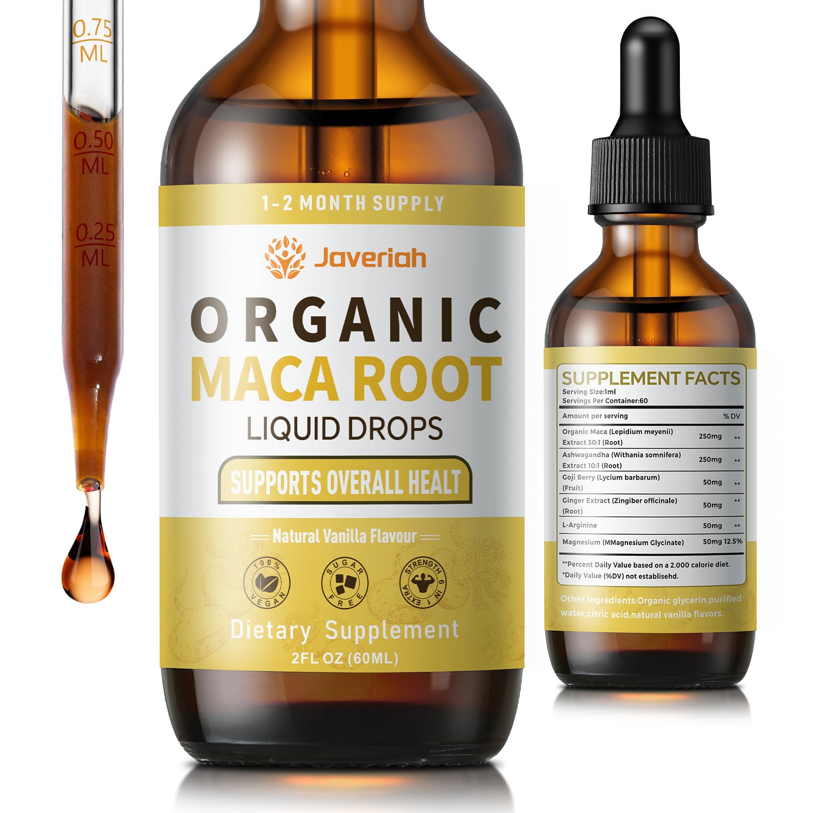 Javeriah Organic Maca Root Drops with Ashwagandha – 2oz Tincture for Women & Men