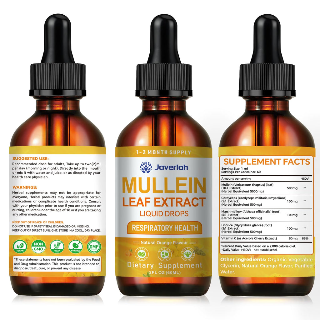 Javeriah Mullein Drops for Lungs Cleanse - 2 Fl Oz with Cordyceps, Marshmallow Root & Licorice Root