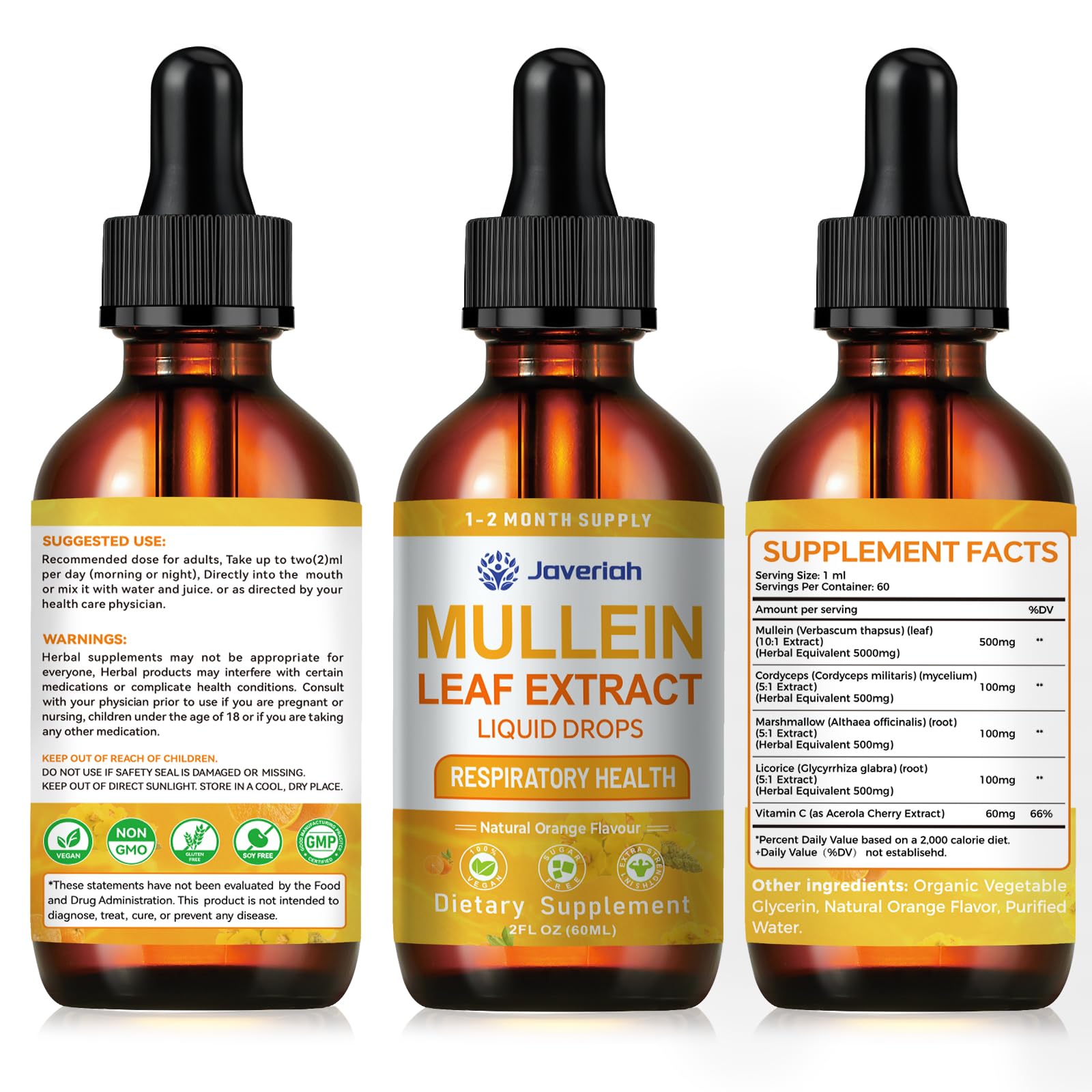 Javeriah Mullein Drops for Lungs Cleanse - 2 Fl Oz with Cordyceps, Marshmallow Root & Licorice Root