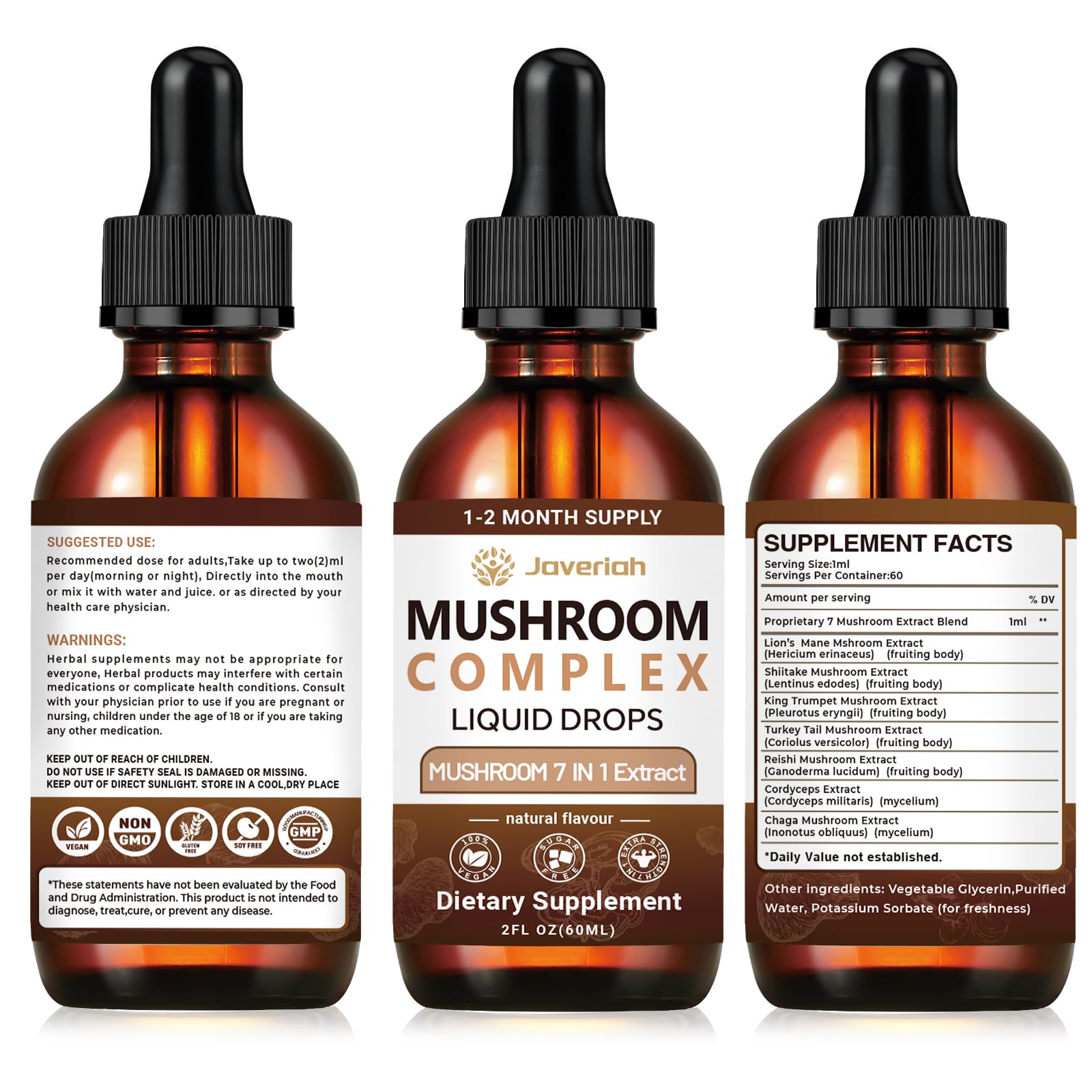 Javeriah 7-in-1 Mushroom Complex Drops – Lion's Mane & 7 Mushrooms, 2 fl oz