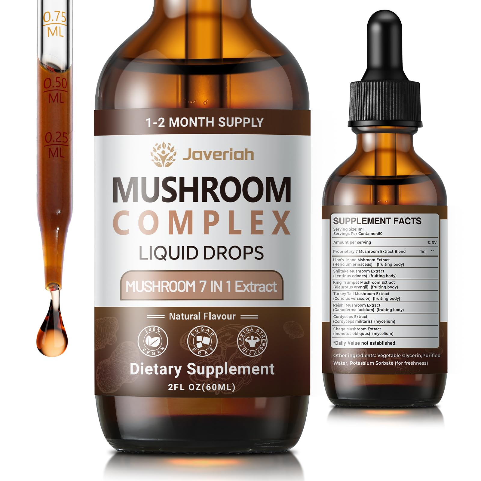 Javeriah 7-in-1 Mushroom Complex Drops – Lion's Mane & 7 Mushrooms, 2 fl oz