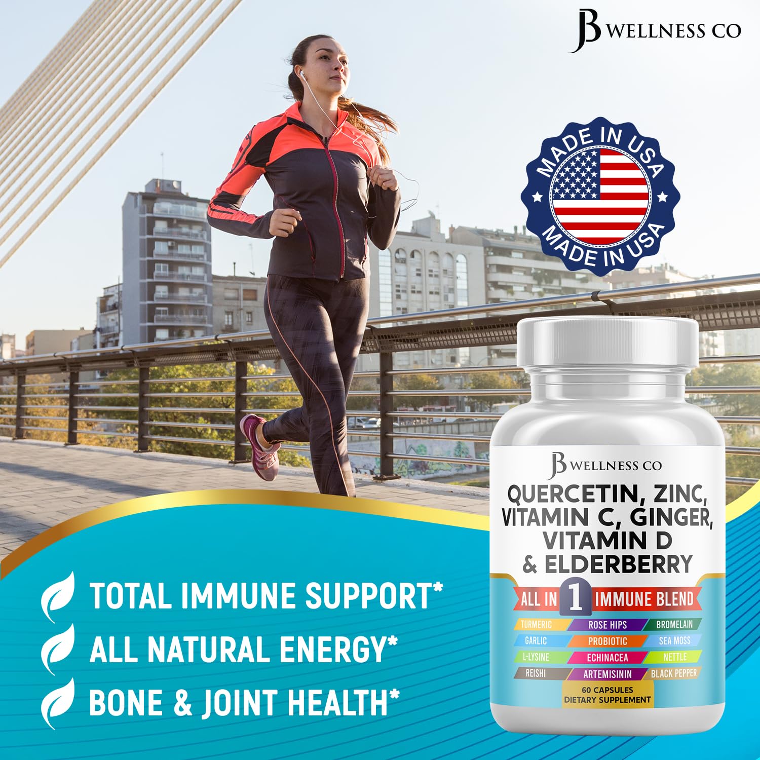 JB Wellness Co Immune Support: Quercetin, Zinc, Vitamin C & D + Bromelain (180 Count)