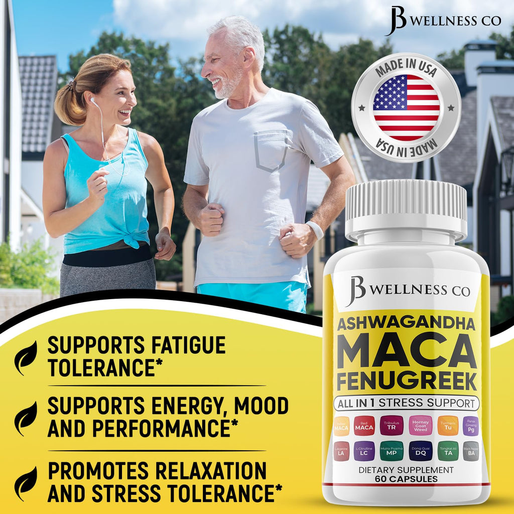 JB WELLNESS CO Ashwagandha Maca Fenugreek Supplement with Tongkat Ali & Ginseng - Mood & Thyroid Support - Made in USA - 120 Count