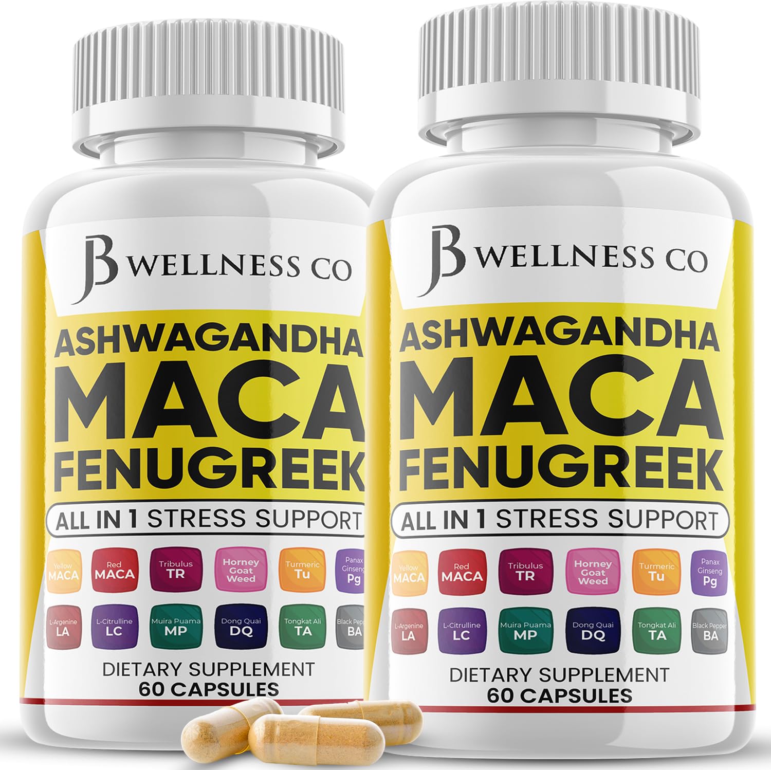 JB WELLNESS CO Ashwagandha Maca Fenugreek Supplement with Tongkat Ali & Ginseng - Mood & Thyroid Support - Made in USA - 120 Count