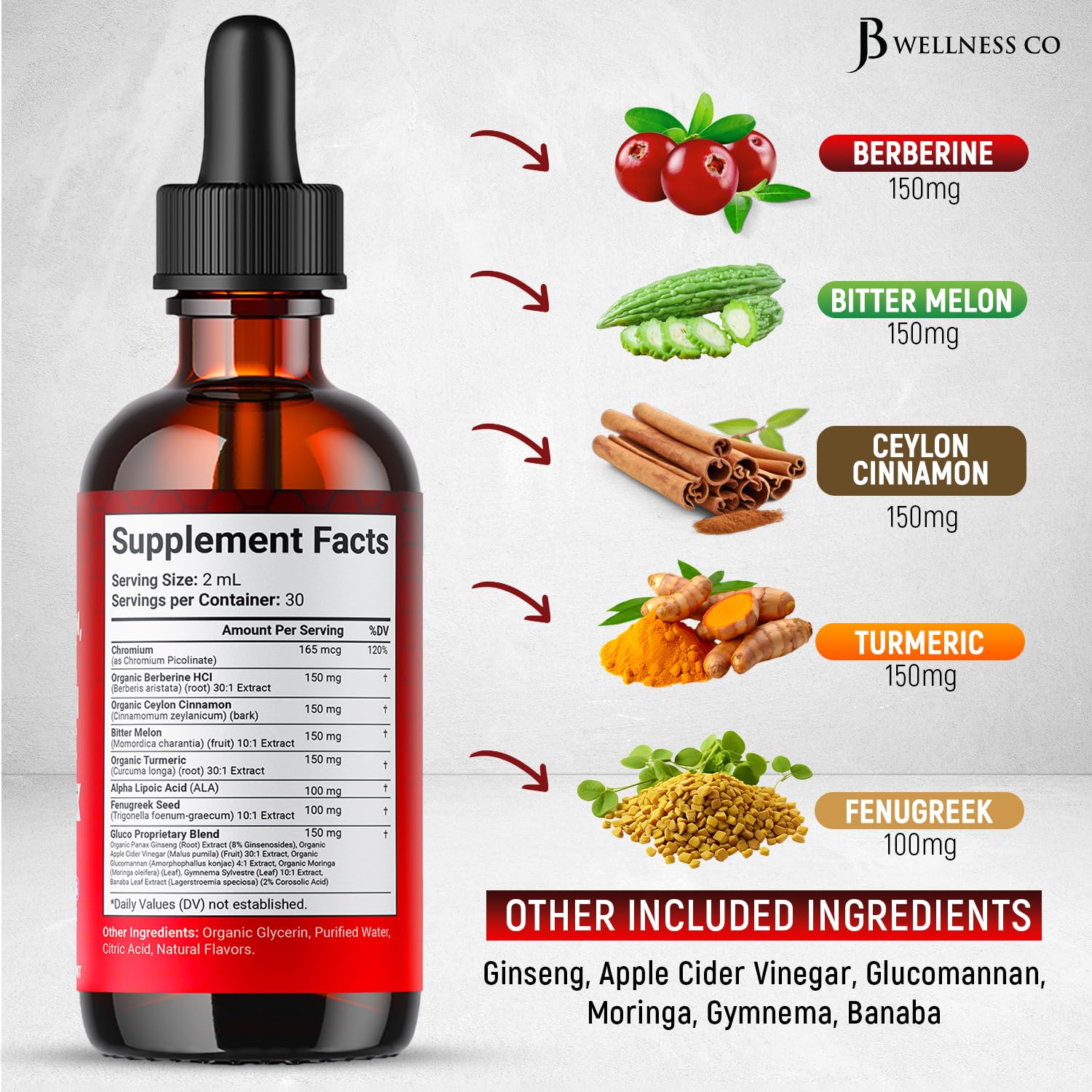 JB Wellness Co Berberine with Ceylon Cinnamon Liquid Drops – 6 oz Liposomal Formula