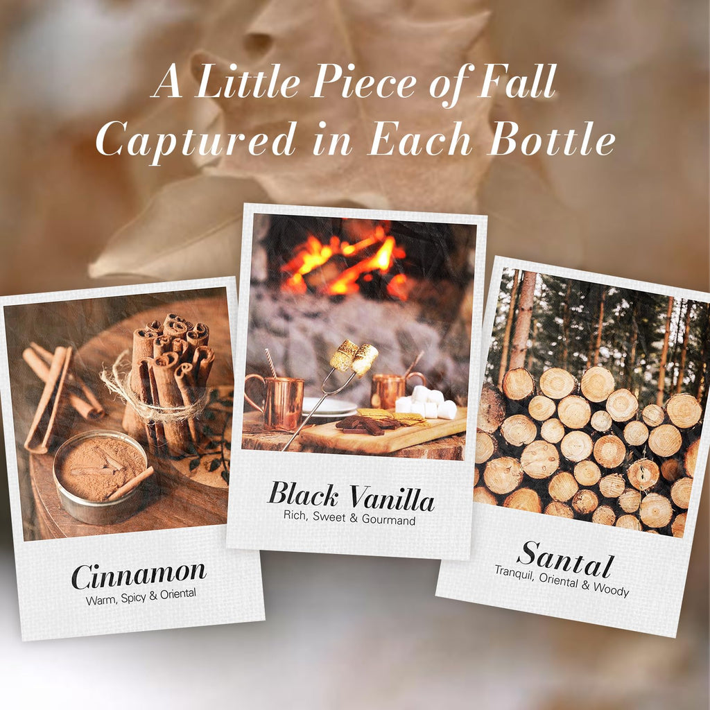 JCLOUD Fall Essential Oils for Diffusers - 6x10mL Autumn Gift Set (Black Vanilla, Cinnamon & Santal)