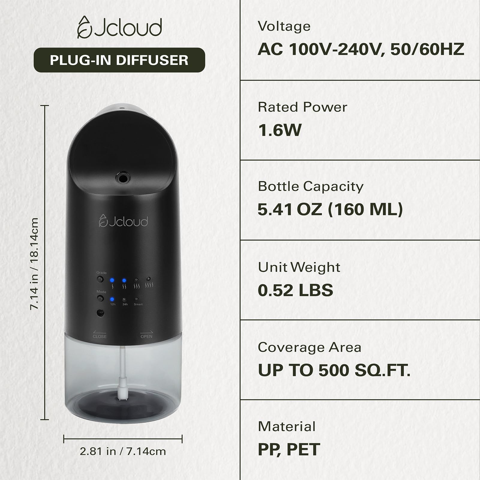 JCLOUD 2025 Plug-in Diffuser – Waterless Scent for 500 sq ft (Black)