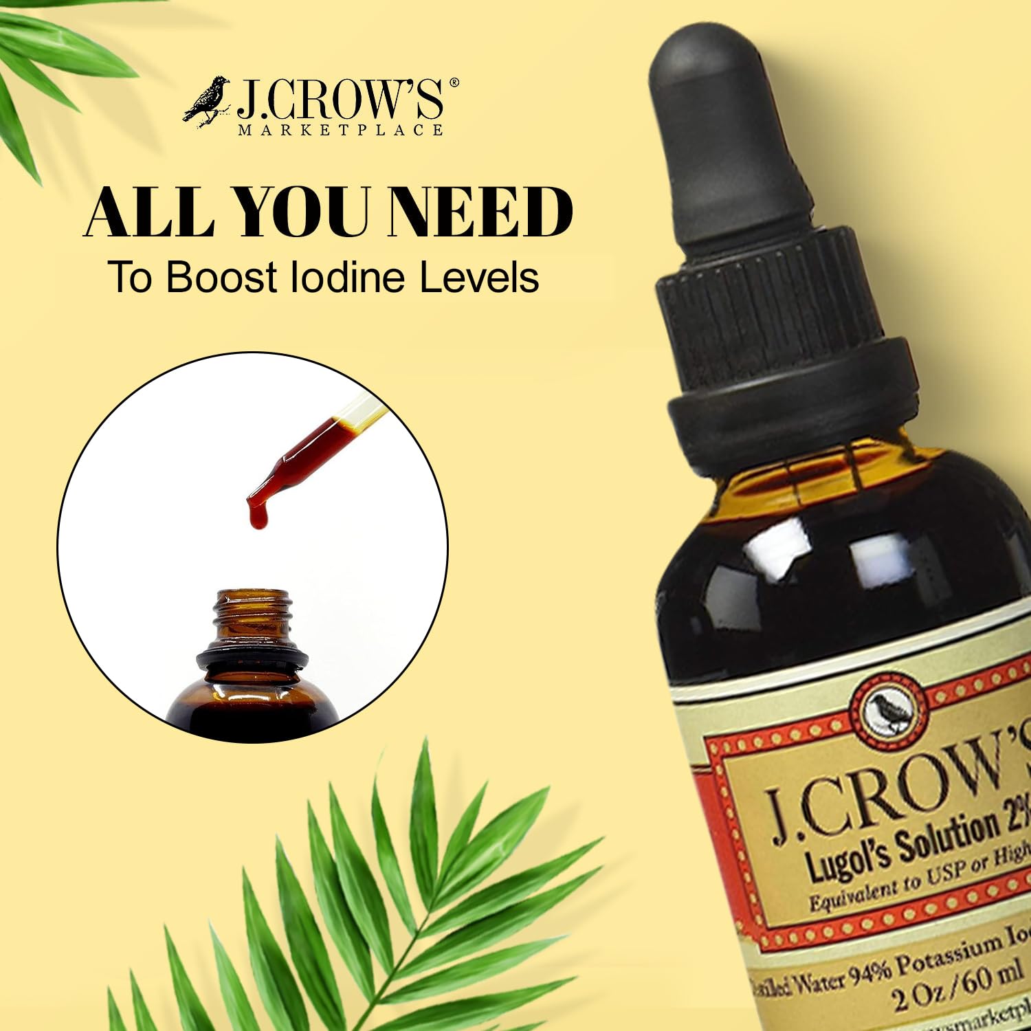 J.CROW'S Lugol's 2% Iodine Solution – 2 oz Bottle (6-Pack) – Gluten-Free, Alcohol-Free, No Expiration