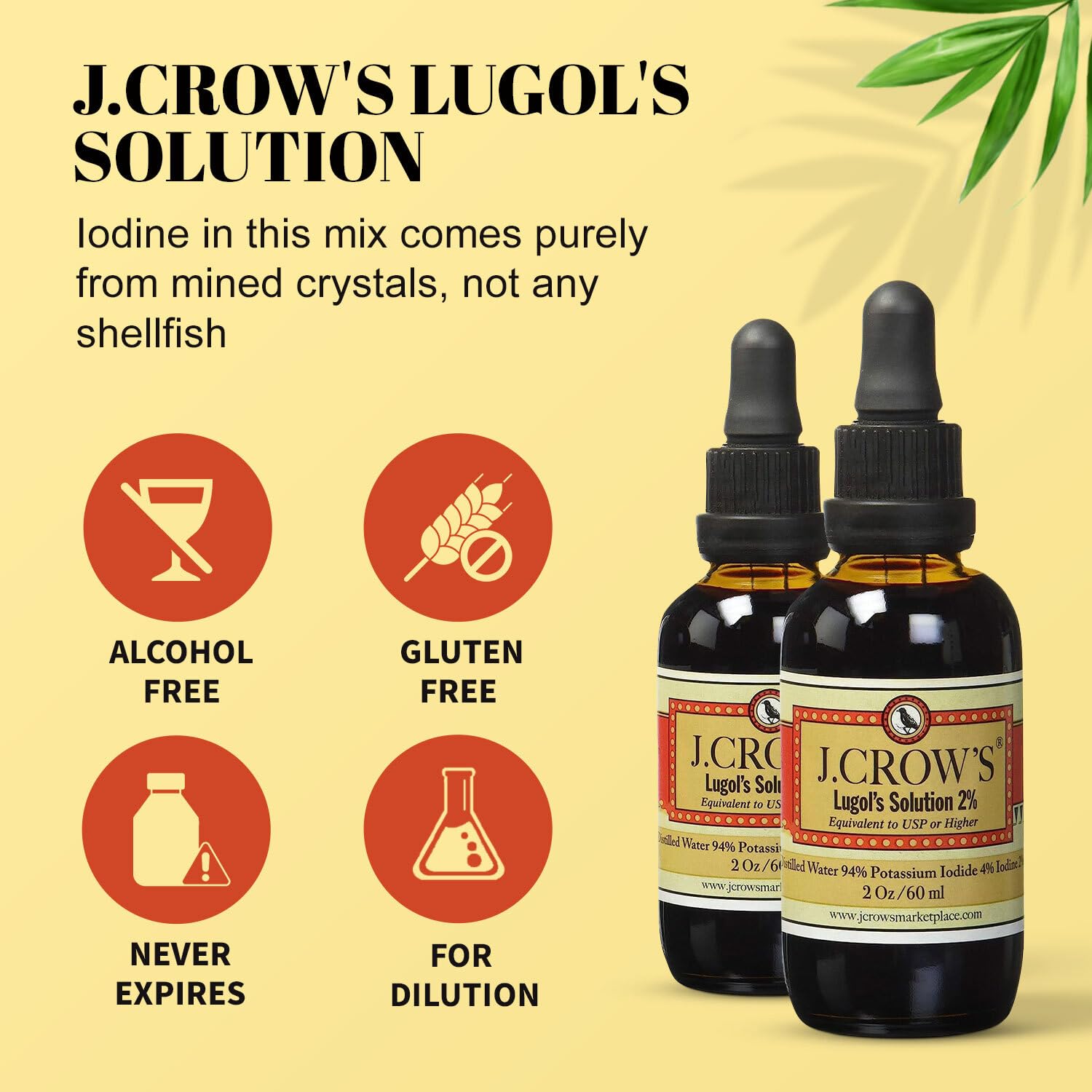 J.CROW'S Lugol's Iodine 2% – 2 oz (2 Bottles) | Premium Iodine & Potassium Iodide