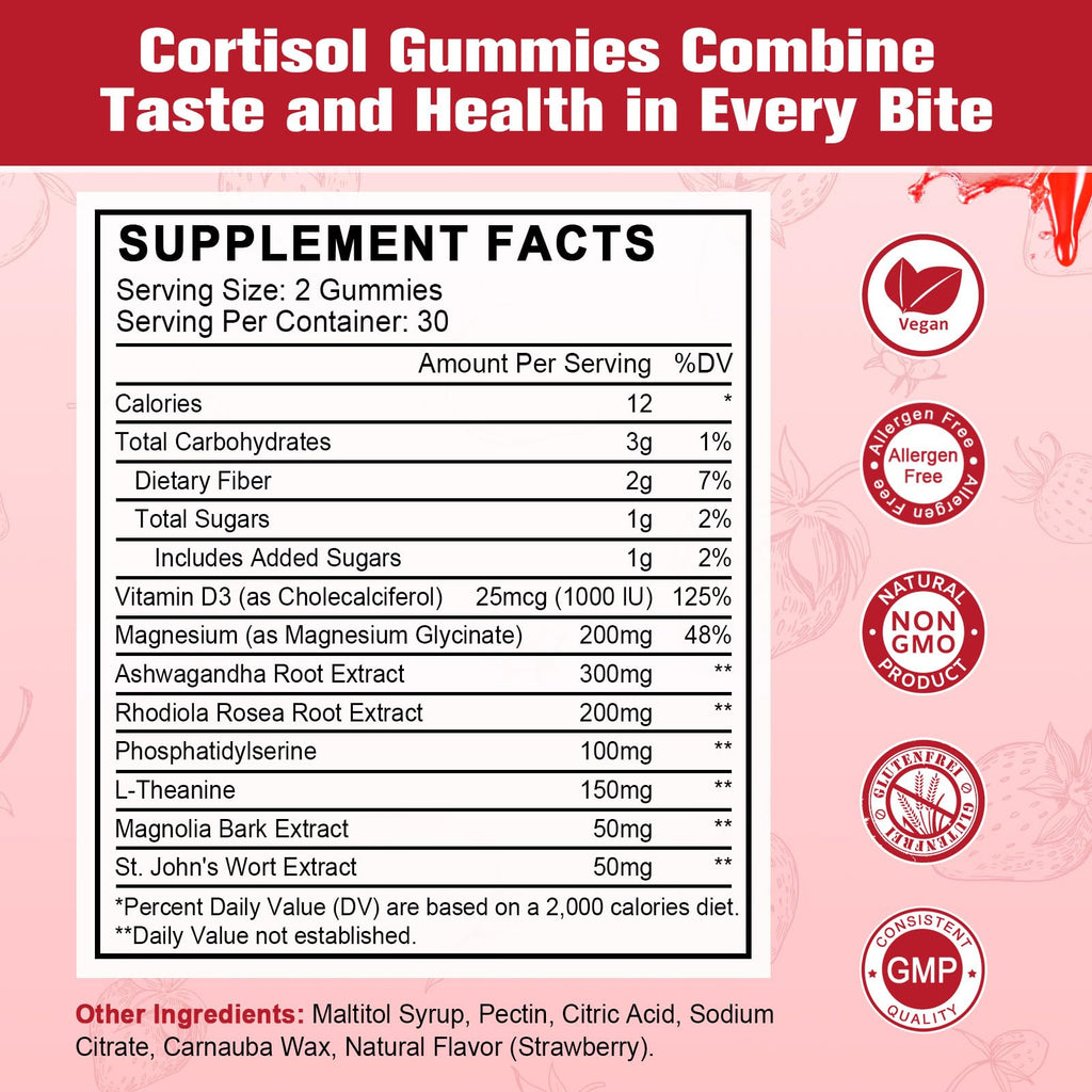 JIANKYTZ Cortisol Gummies for Women – Ashwagandha, Rhodiola, L-Theanine, Magnesium, Vitamin D3 | 60 Vegan Gummies