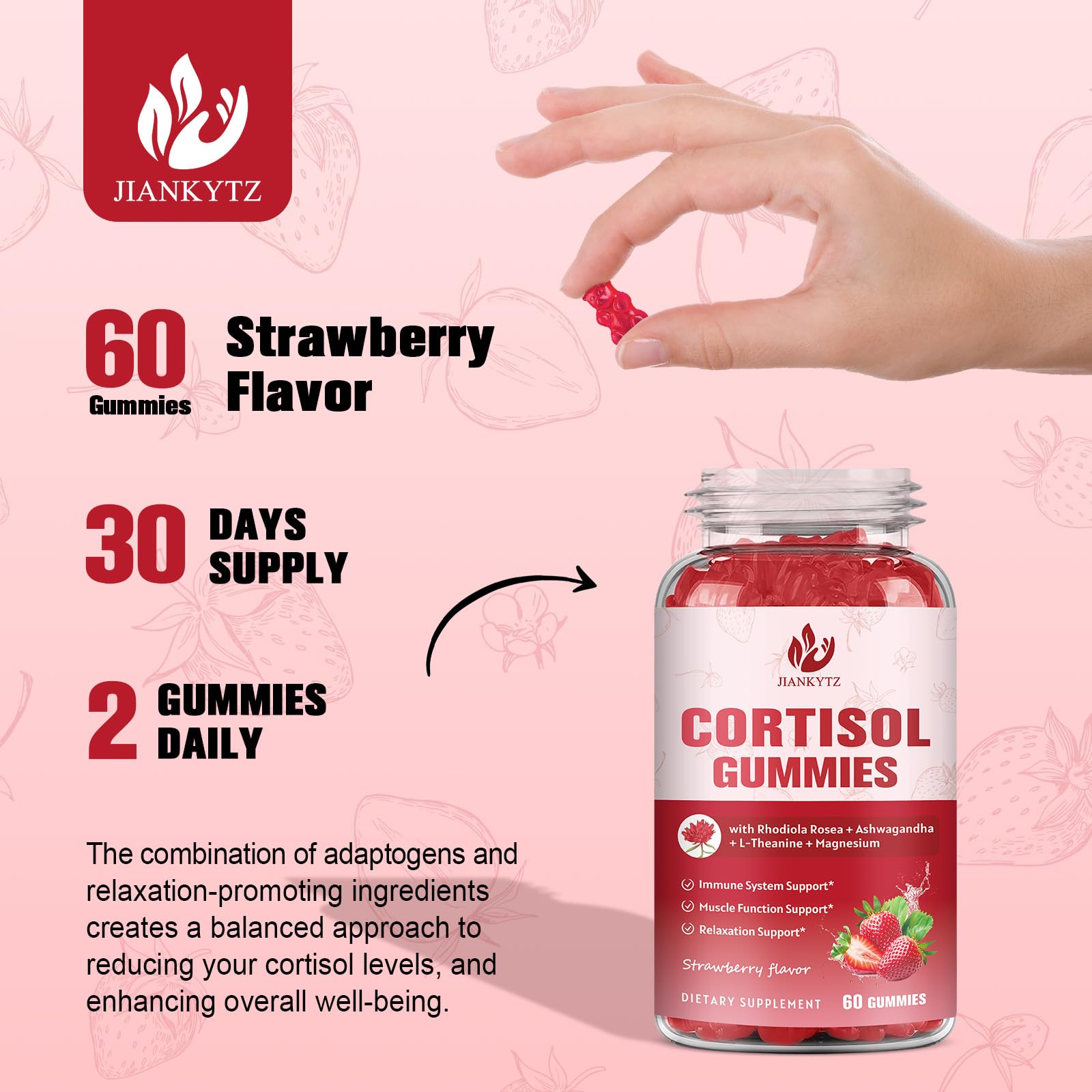 JIANKYTZ Cortisol Gummies for Women – Ashwagandha, Rhodiola, L-Theanine, Magnesium, Vitamin D3 | 60 Vegan Gummies