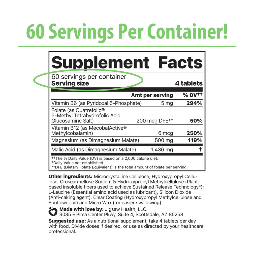Jigsaw Health MagSRT Magnesium + B6, Folate & B12 | Timed-Release Mineral Supplement | 240 Tablets | 60 Servings